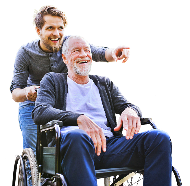 caregiver and old man showing their genuine smile